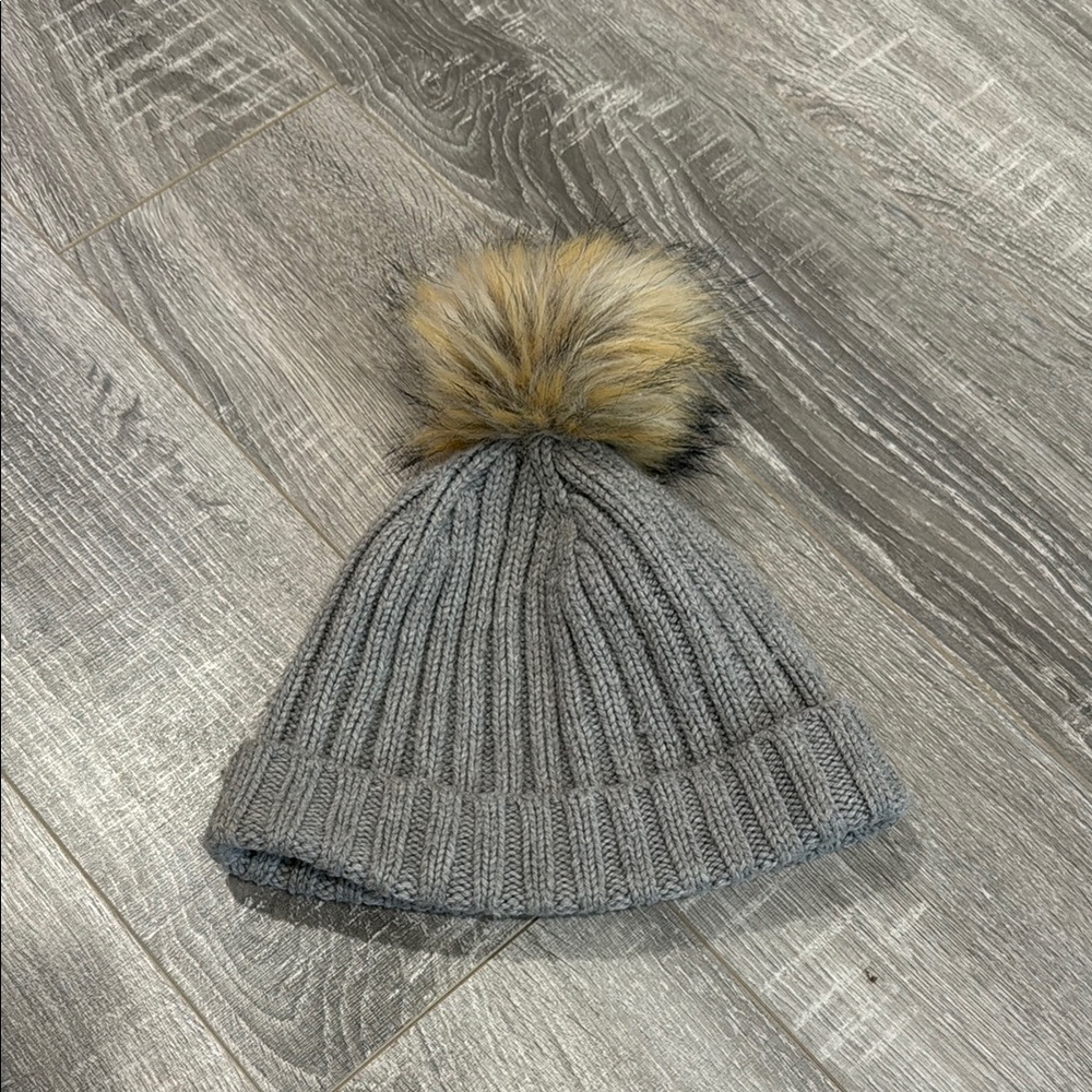J. Crew Wool Blend Fold Over Beanie with Faux Fur Pom Pom - Gray Knit